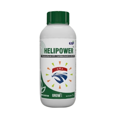 GSP Helipower Chlorantraniliprole 9.3% + Lambda Cyhalothrin 4.6% ZC Insecticide, Use For Cotton, Soybean, Paddy, Pigeon Peas, Brinjal and Okra