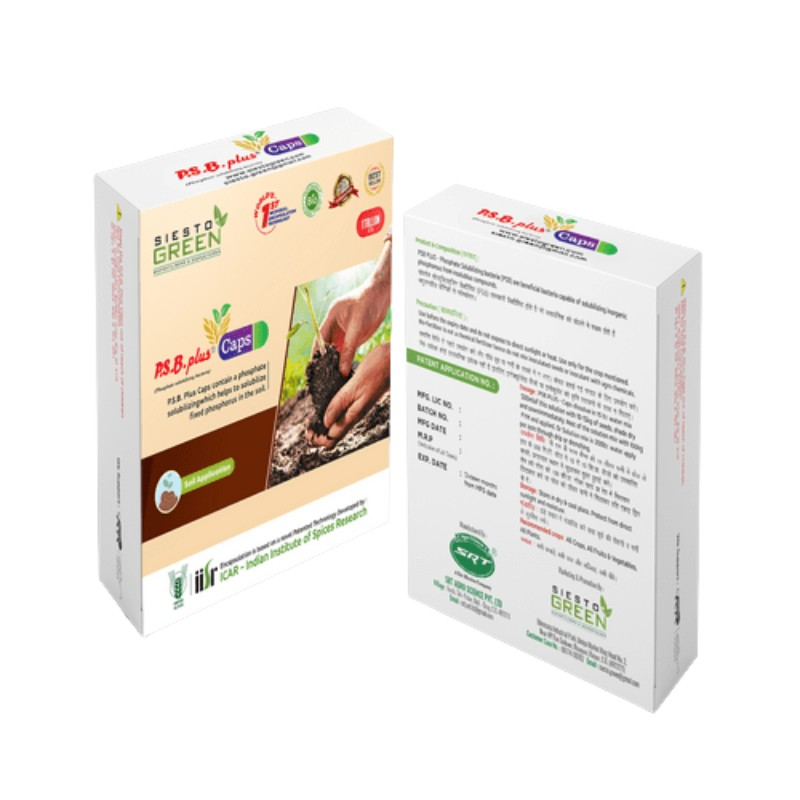 Siesto PSB Plus. Contain phosphate solubilizing bacteria. A novel patented technology developed by the ICAR-Indian institute of spices research.