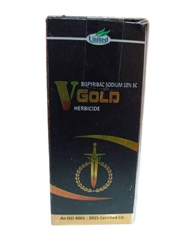 United Chemicals V Gold Bispyribac Sodium 10% SC, Post-Emergent, Broad Spectrum Systemic Herbicide for All Types of Rice Cultivation